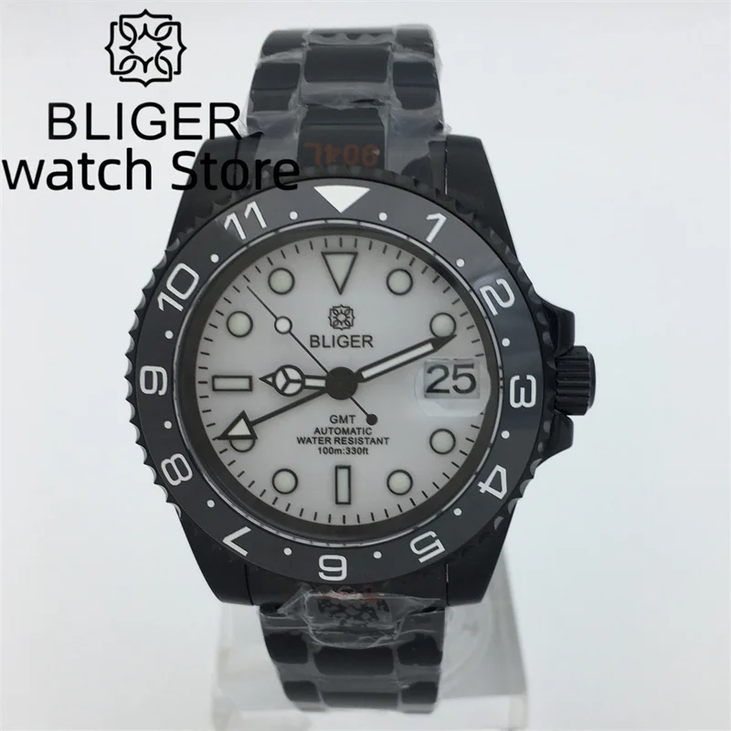 

BLIGER 40mm NH34 Men's watch automatic Mechanical movement white dial green luminous black steel bracelet case one-way rotation