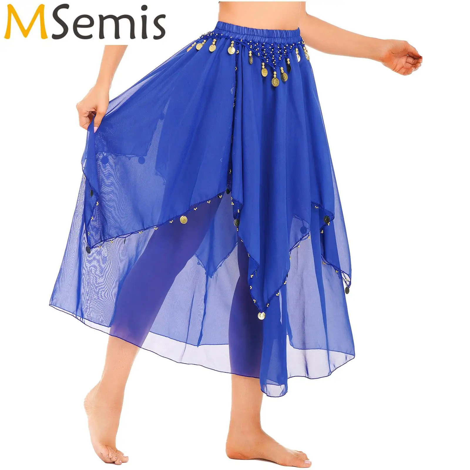 Dames Indiase Oosterse Buikdans Prestaties Kostuum Pailletten Asymmetrische Kralen Chiffon Tule Maxi Rok met Kralen Danskleding