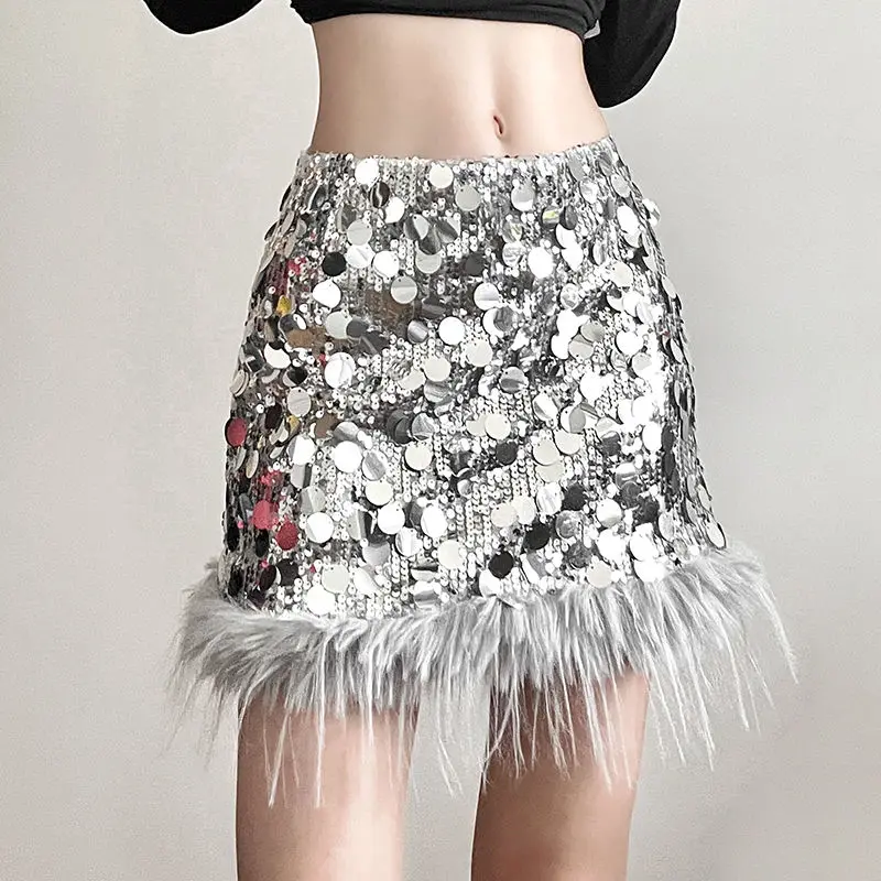 Skirt With Sequined Plush Splicing Mini Skirt Vintage High Waist Women Fashion Chic Lady Slim And Slim Package Hip Short Skirts