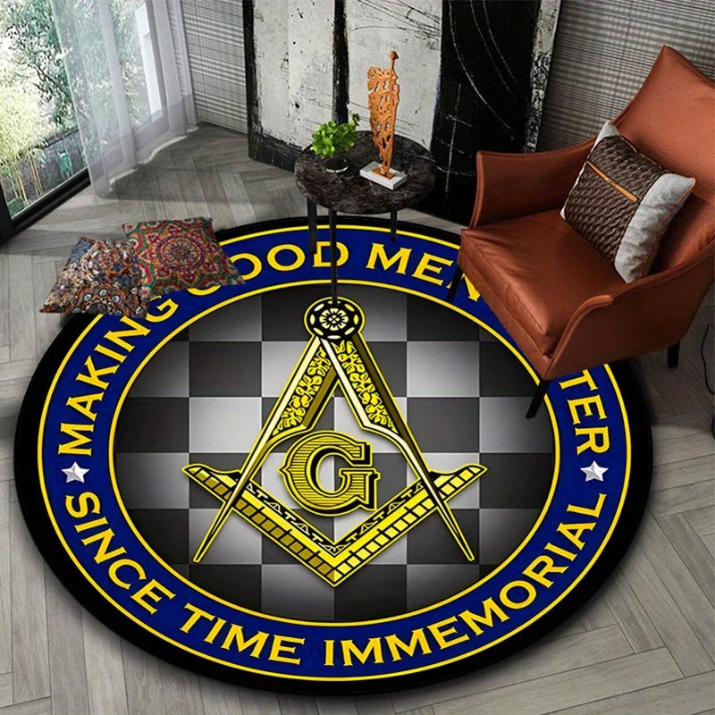 Freemason Square Compass G Logo Round Rug Flannel Masonic Symbol Decor For Man Cave Office Study Room Gold Blue CheckeredNonSlip