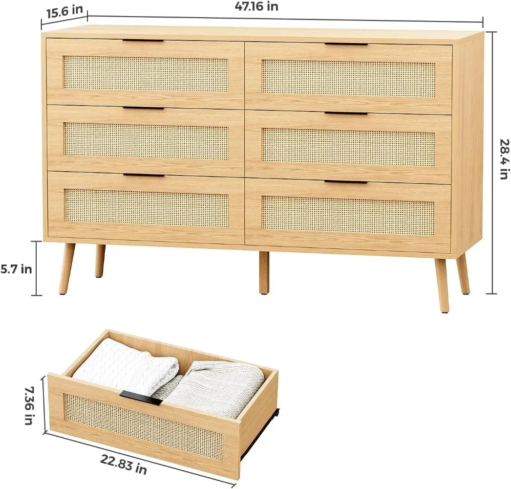 Natural Rattan Dresser for Bedroom with 6 Drawers Modern Wood 6 Drawer Dresser with Black Handles Chest of Drawers for Nursery