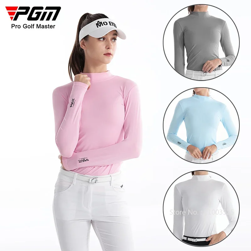 PGM Ladies Long Sleeve Elastic Golf Shirt Summer Women Sunscreen Ice Silk Sport Tops Girls Stand Collar Fast Dry Workout T-shirt