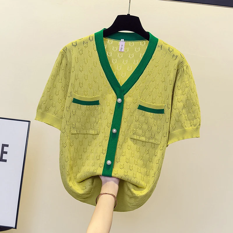 女性用半袖セーター,透かし彫り,カジュアル,無地,Vネック,ナイトウェア,新しい夏のコレクション2023