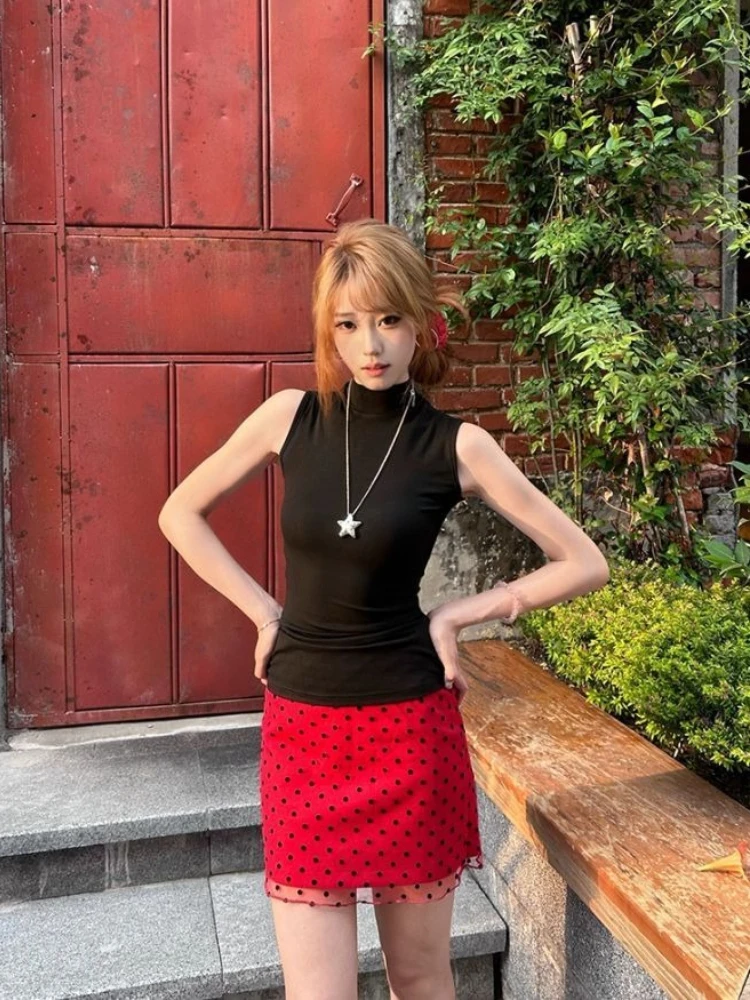 Red Polka Dot Mesh Skirt Korean Sexy Cute High Waist Slimming A-Line Short Bodycon Ladie's Party