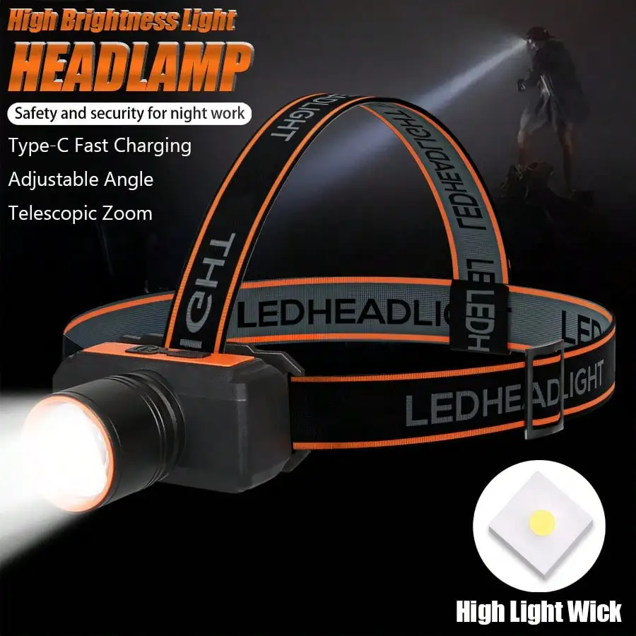 

1PC Rechargeable Zoom LED Headlamp, 4 Modes High Lumen Waterproof Outdoor Head Light
