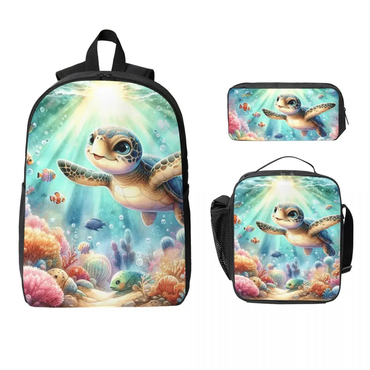 Cute Sea Turtle Pattern Cartoon Backpack Student BookBag School Bag Laptop Shoulder Bags 3ps Insulated Lunch Bag Pencil Case