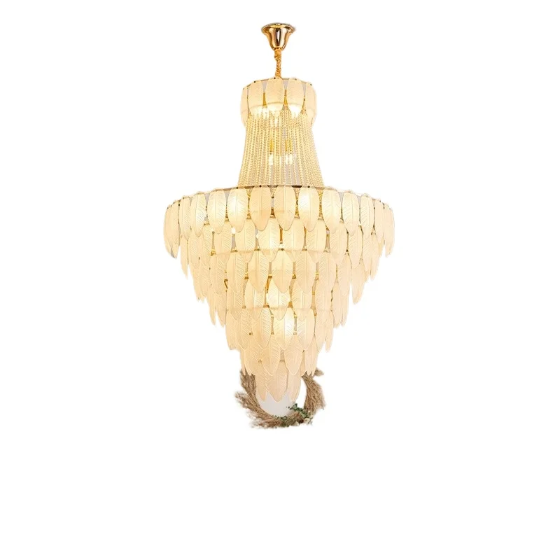 

French light luxury feather living room, large chandelier duplex building, villa empty living room chandelier building