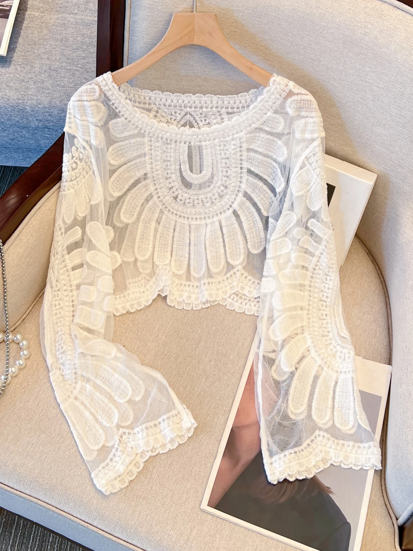 

Summer women's beach cover, mesh embroidered hollow out long sleeved round neck short top, casual sun protection shirt