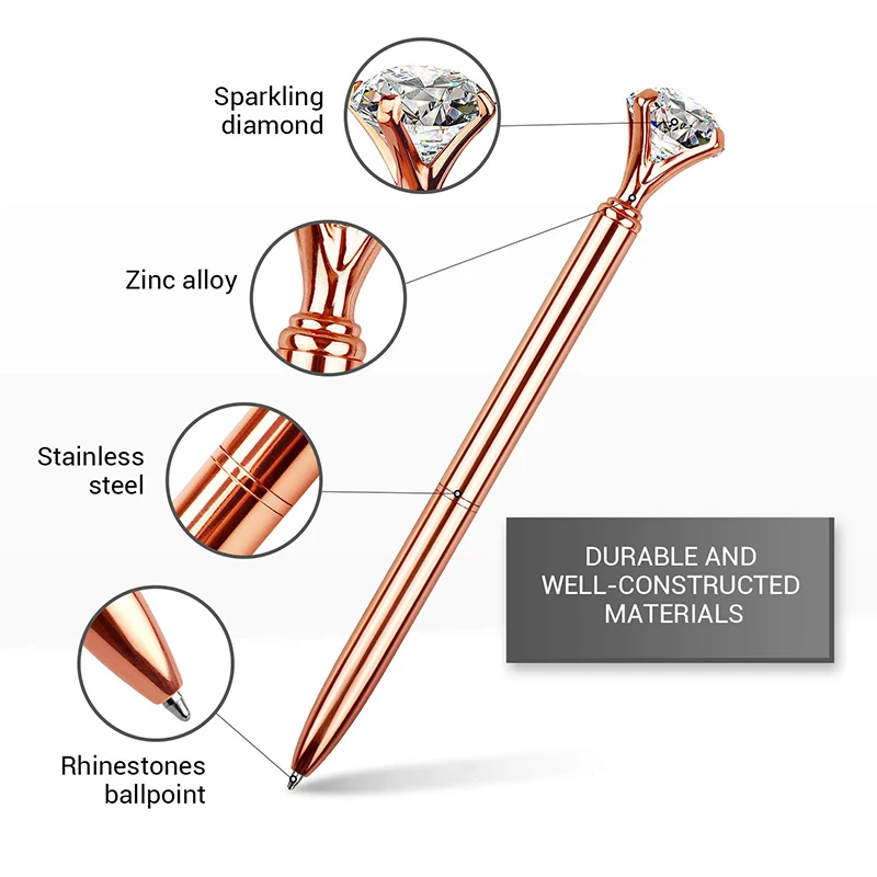 ปากกาเพชรคริสตัลขนาดใหญ่12ชิ้นปากกาบอลพอยท์โลหะสีทองหมึกสีดำ
