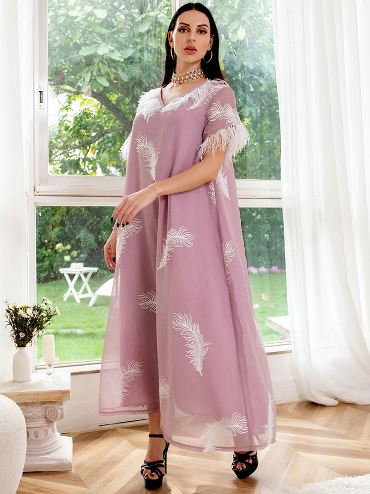 Feathers Kaftan Imitation Linen Women Jalabiya Long Arabic Dress Moroccan Dubai Party Evening Jelaba Muslim Abaya Ramadan Eid