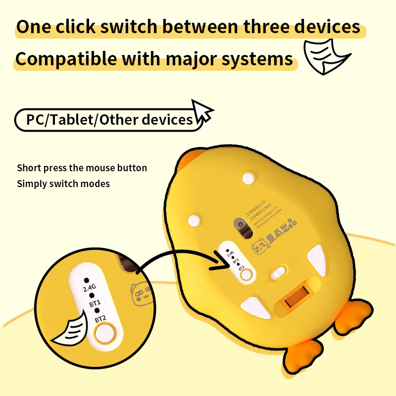 

Wireless Dual-mode Cute Duck Mouse ReChargeable 2.4G/Bluetooth Connection Mute Button Penguin Mouse Office Use Gift For Girl