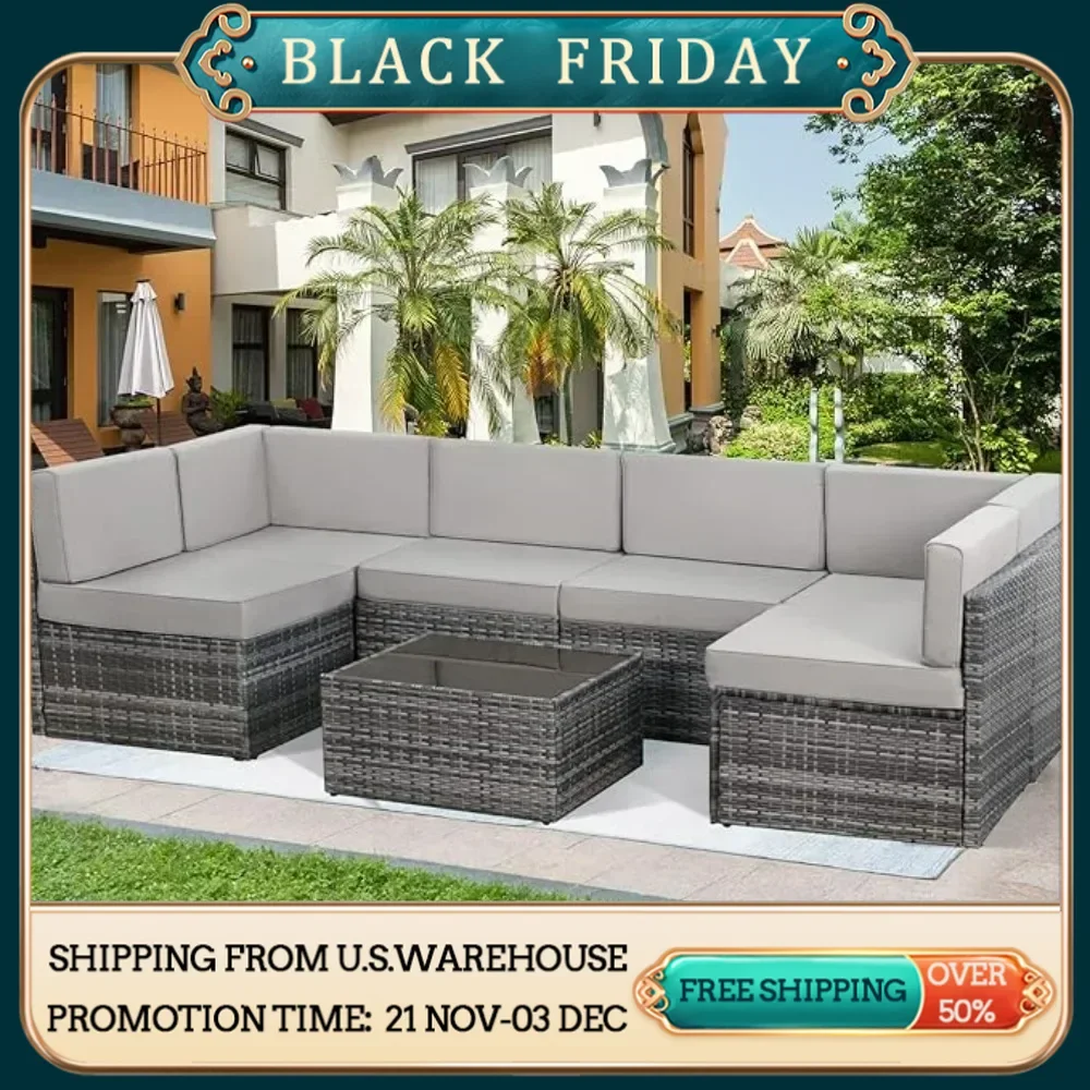 7-piece patio furniture set modular wicker outdoor sectional sofa PE rattan outdoor set with pillowtop cushions and coffee table