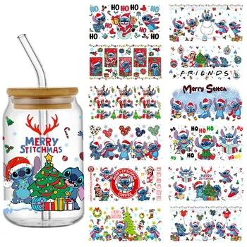 DIY Disney Stitch Kerst UV DTF Cup Wrap Transfers Stickers 16oz Libbey Glas Tumbler Decal Glas Kan Zelfklevend Waterdicht
