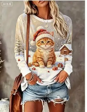 Women Long Sleeve T‑Shirt Christmas Rabbit With Scarf Winter Snow Scene Print Crew Neck Loose Casual Holiday Tops
