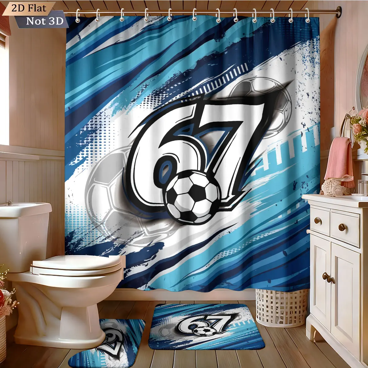 

Набор для ванной комнаты из 4 предметов с принтом футбольных мячей (67 элементов): водонепроницаемая шторка для душа 180x180, коврик для пола, U-образный коврик, коврик для туалета