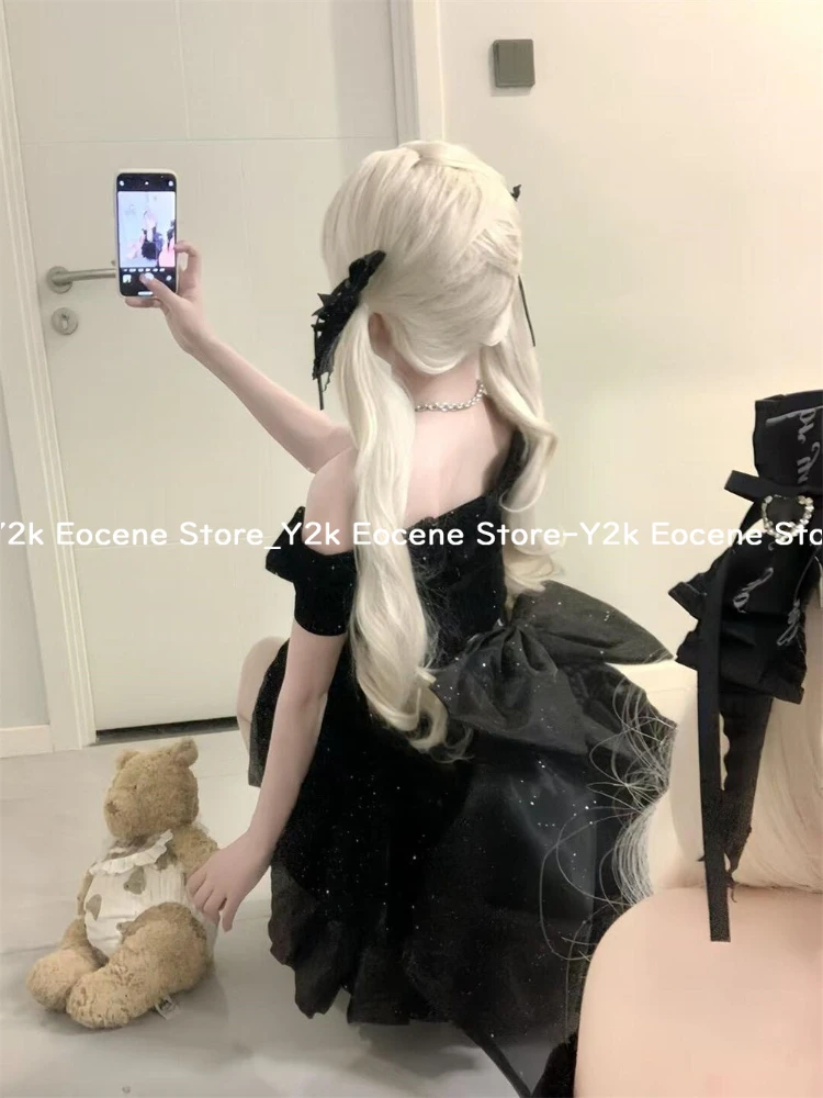 블랙 프랑스어 빈티지 원피스 드레스 여자 고딕 오프 어깨 활 레트로 미니 드레스 여성 요정 생일 파티 세련된 복장 2025