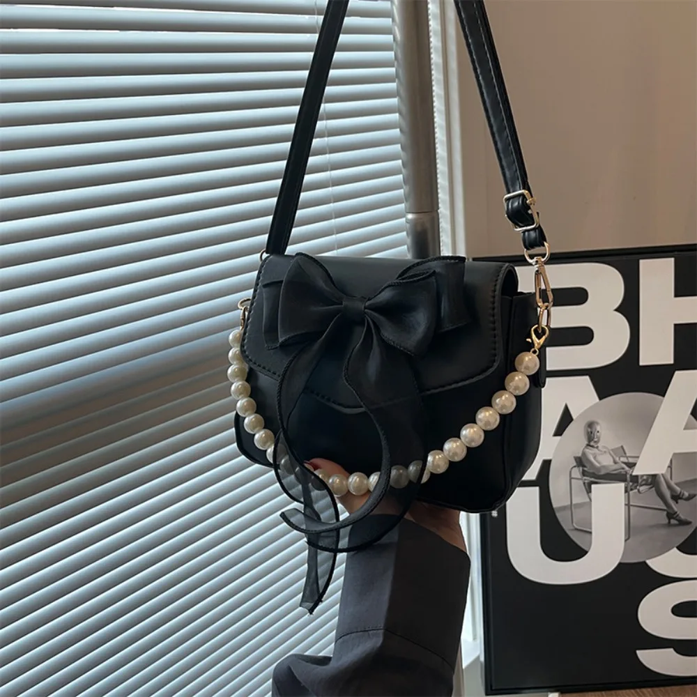 Solid Color PU Leather Pearl Chain Bag Bow Knot Fashion Top-Handle Bag Women Canvas Large Armpit Bag Shoulder Bag