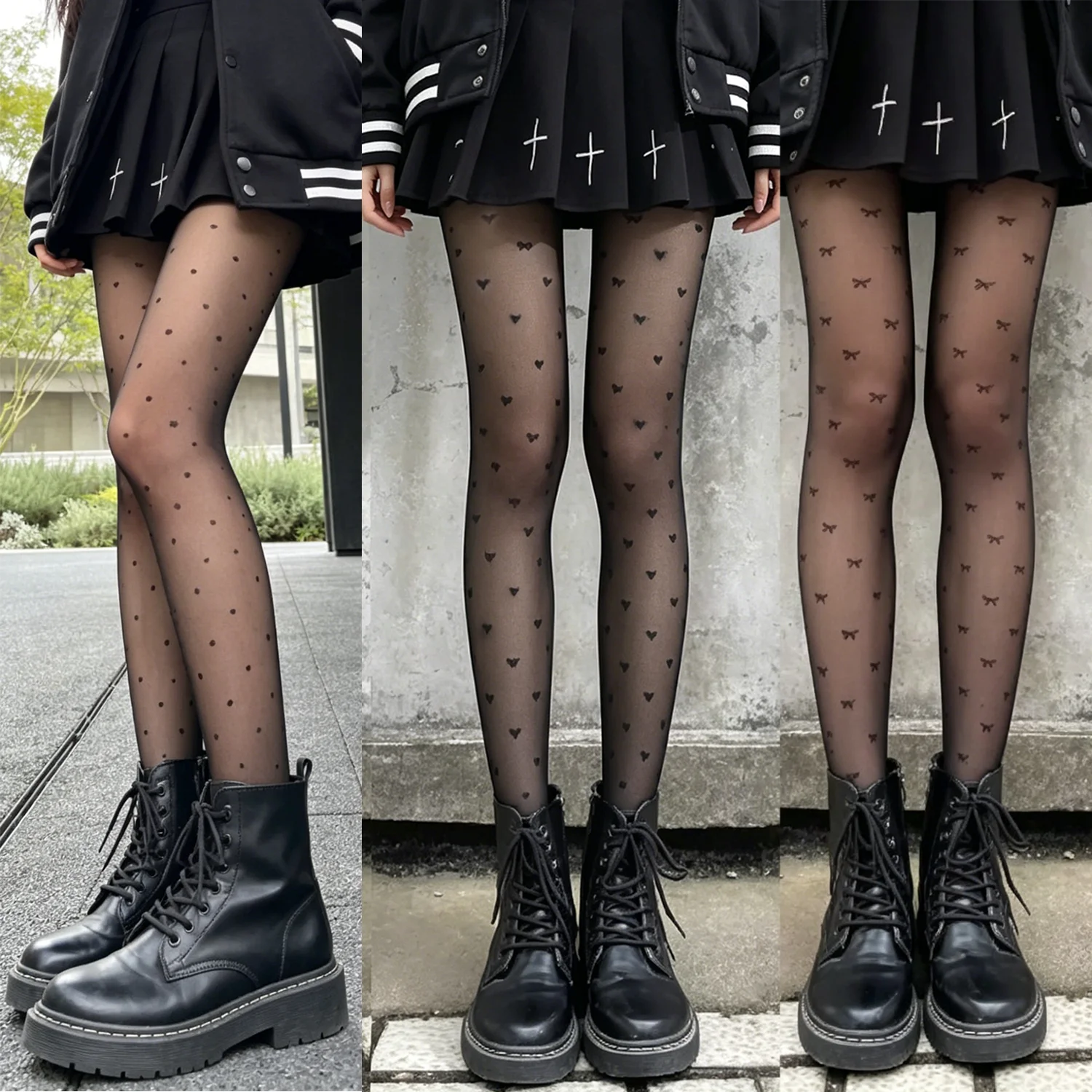Schwarze transparente Strumpfhose für Damen mit Polka-Dot-/Herz-/Schleifenmuster, elastische Nylonstrumpfhose mit hoher Taille, ultradünne, dehnbare Strümpfe
