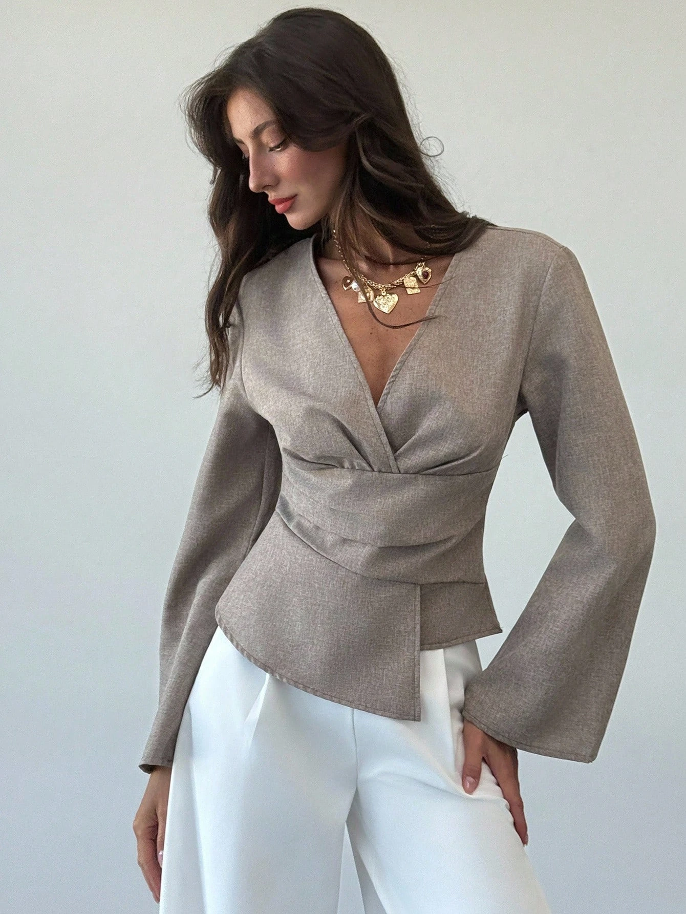 

Blouse Commuting Back Zip Slim Fit Tops Spring/Fall Women's Elegant Pleating Waist Asymmetric Hem Flare Sleeve V-Neck Pullover