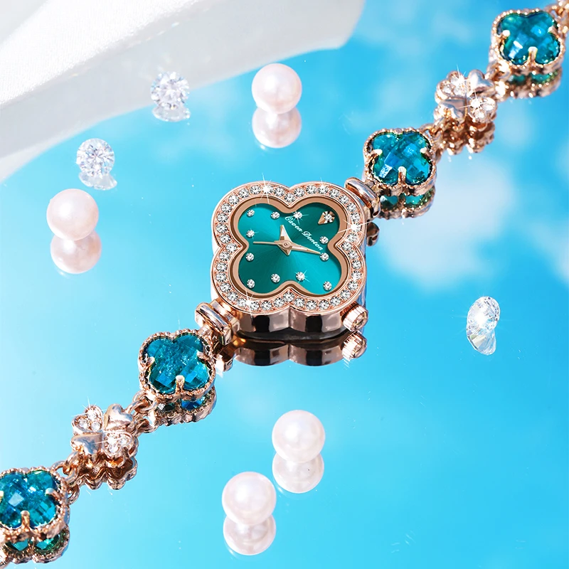 CAVEN DENTON Women Watch Fashion Four-Leaf Clover Ladies' Watch with Gemstone-Inset Diamond Bracelet Fashion Dress Watch Gifts