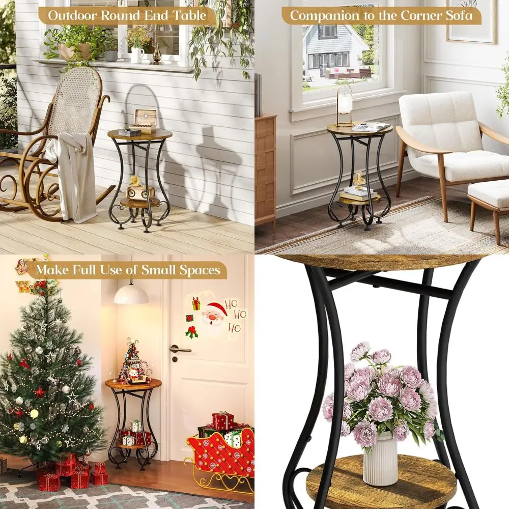 

Compact Round Side Table with Lower Shelf for Space-Saving, Metal Frame Nightstand, Multi-Use Coffee Table for Living & Bedroom,