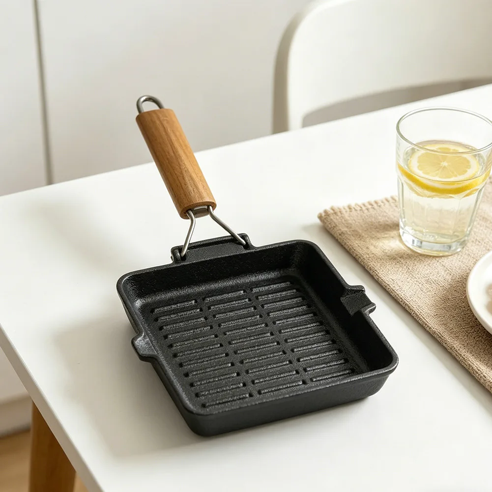 20cm Cast Iron Ridged Skillet Pan with Space Saving Foldable Handle for Indoor Steak Searing Gas Electric Induction Compatible