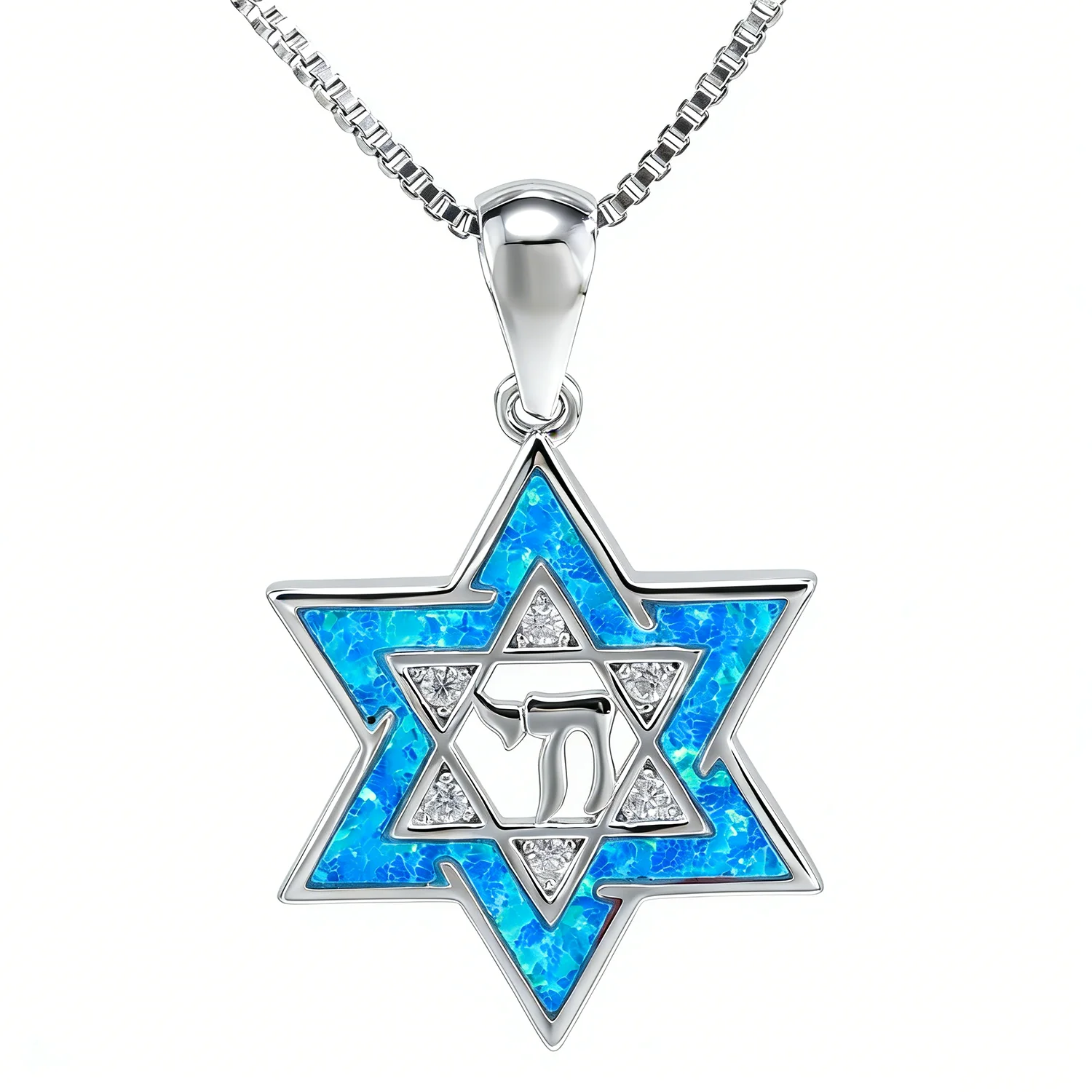Charms Star of David Hebrew Blue Opal Zircon Pendant Necklace Spiritual Religious Perfect Gift for Hanukkah/Birthday/Anniversary