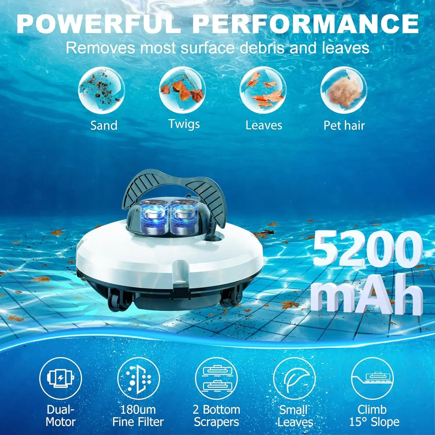 Robotic Pool Cleaner, Cordless Robotic Pool Vacuum for Above Ground Pool, 120 Mins Runtime Auto-Parking, Automat