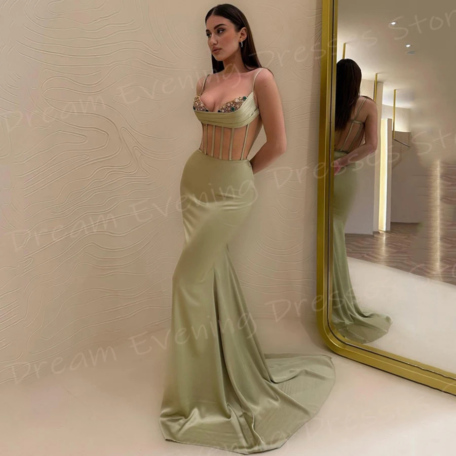 Vestido de noche de sirena para mujer, traje verde clásico con tirantes finos, sexi, Formal, para fiesta de graduación, 2024