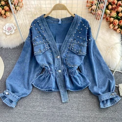 Denim Coat Women Y2k Tops Coats Jeans V Neck Short Top Casual High Waist Single Breasted Elegant Blouse Splice Autumn Spring