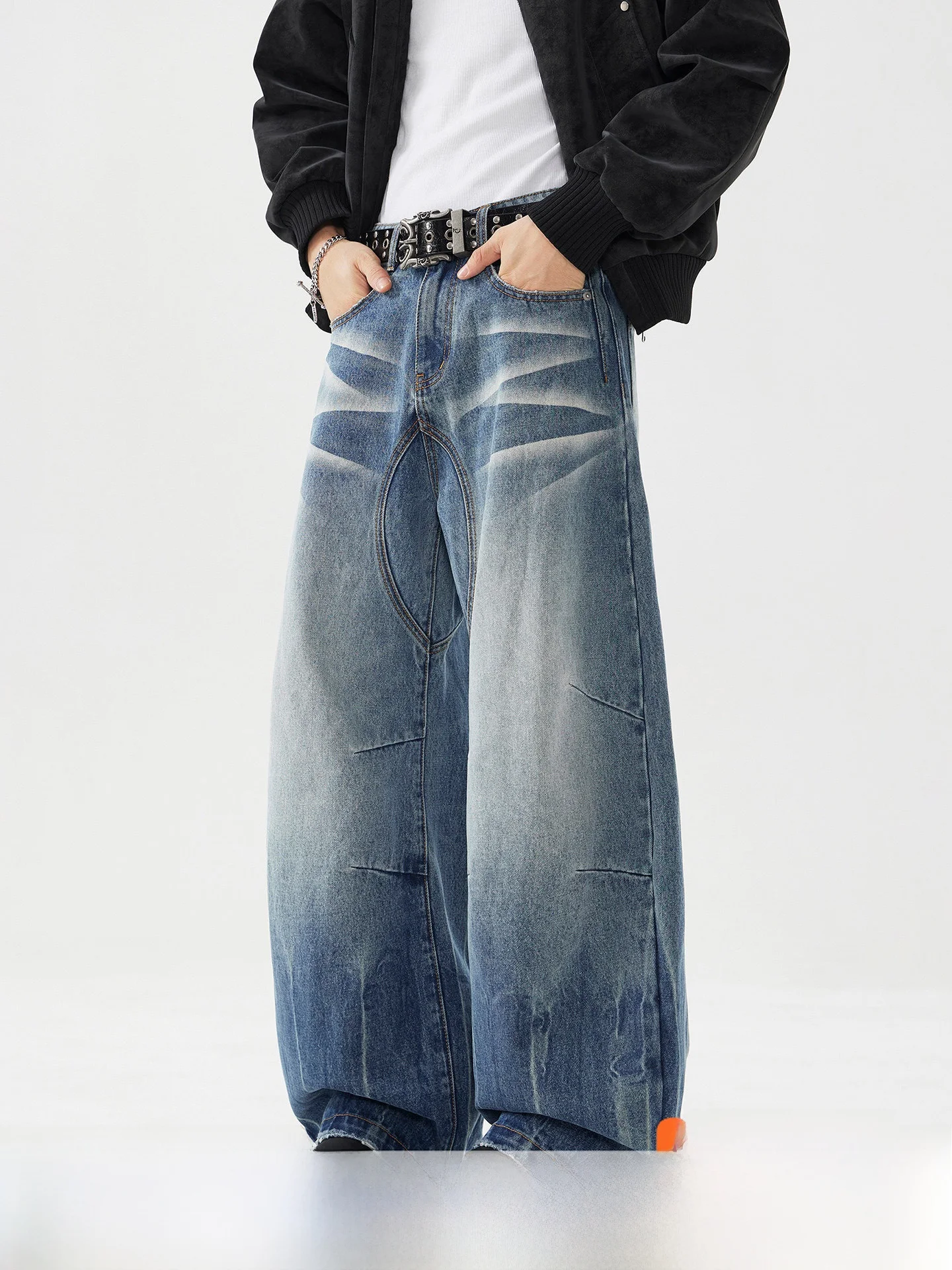 Calça Jeans Vintage Lavada Mighty para Homens e Mulheres, Nova Coleção Outono, Estilo High Street, Perna Reta, Micro Flare, V...