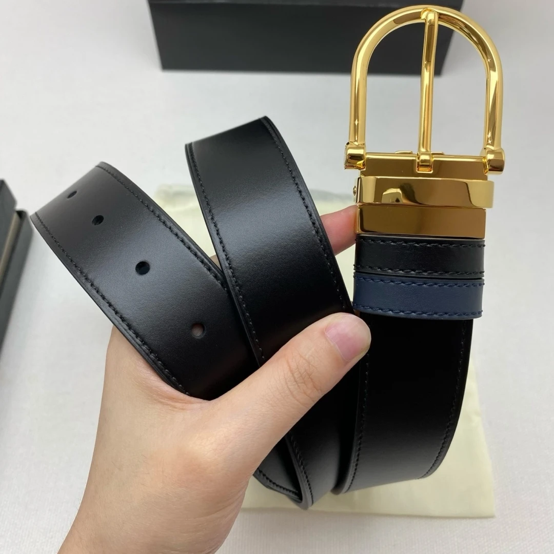 Business Formal Waist Strap Luxury Brand Men's Reversible Leather Belt Rotatable D‑Shape Pin Buckle Black Navy Blue Two‑Sided
