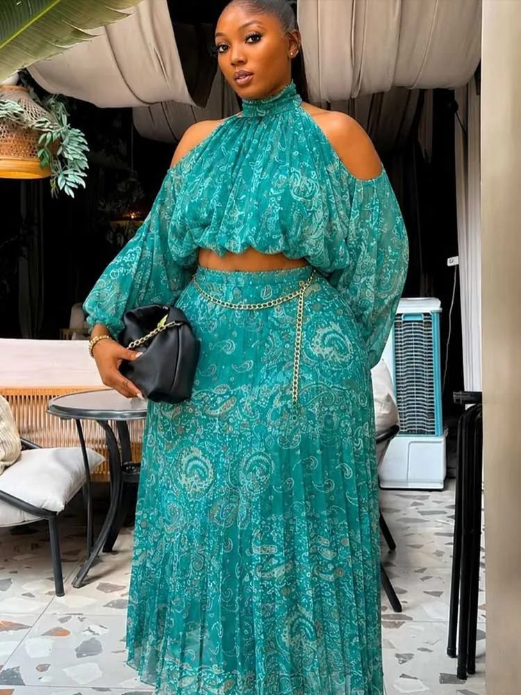 Skirt Sets Woman 2 Piece Outfit Long Sleeve Off The Shoulder Halter Neck Blouse and High Waist Pleated Skirt Chic Summer Set image 5