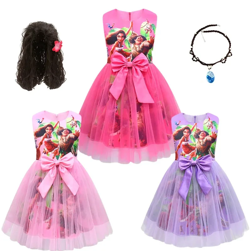 

Kids Anime Cartoon Moana Summer Dress Baby Girls Cute Lace Princess Dress Toddler Girls Birthday Party Dresses Necklace wig