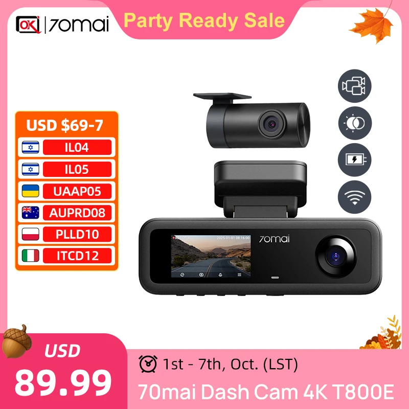 70mai T800E 4K 3-Channel Dash Camera with GPS