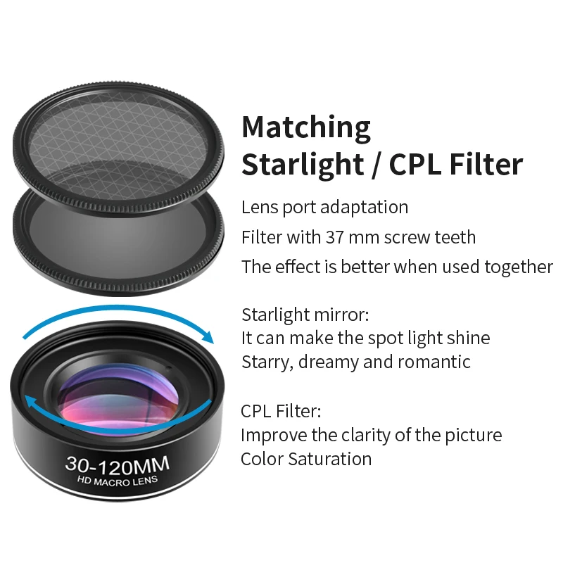 4K HD 30-120mm Macro Cell Phone Lens 100mm Adjustable All Smartphones Camera CPL Star Filter Mobile Lenses for iphone