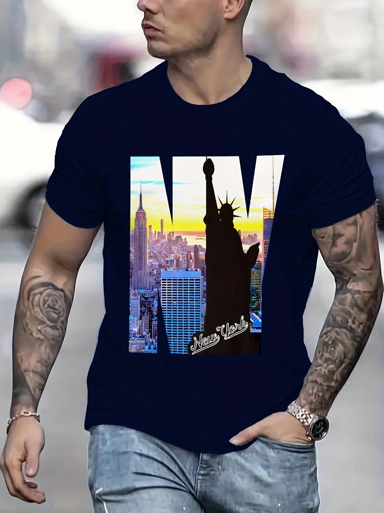 

Men s Casual New York Graphic T-shirt - crew-neck polyester and spandex blend T-shirt with a slightly stretchy 3D printed short