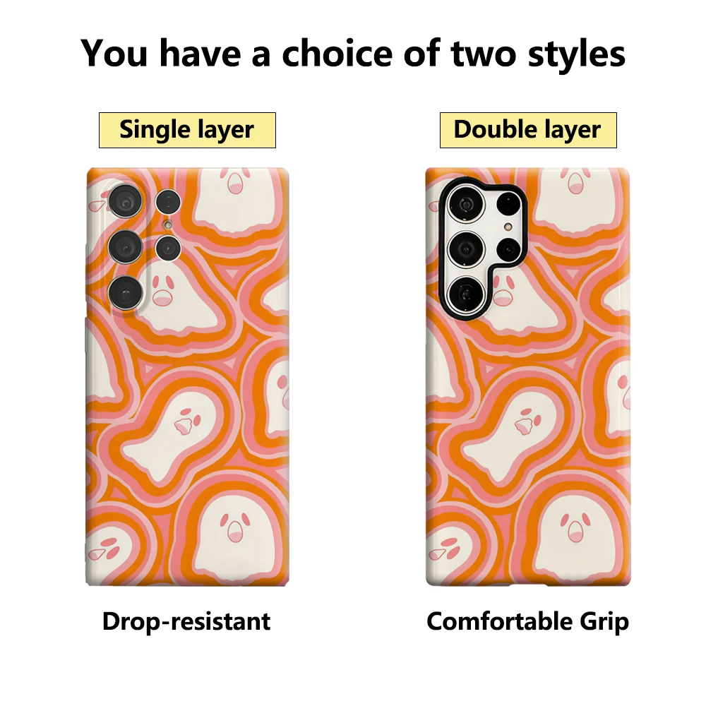 Orange and Pink Ghosts Halloween Phone Case for Samsung Galaxy S25 Ultra S24 S23 Ultra Plus Glossy Double-layer Back Cover