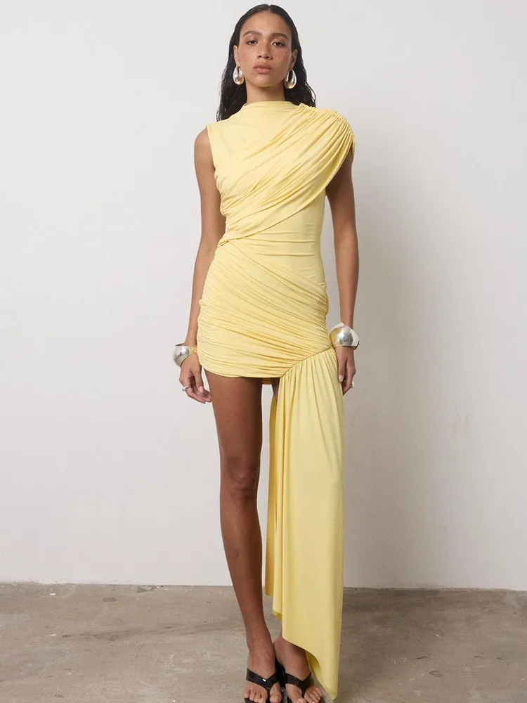 

Drape Pleated Sexy Mini Dress For Women 2026 Summer New Style Irregular High Waist Slim Dress For Women Elegant Club Vestidos