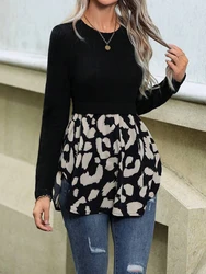 Women New Arrivals Autumn Tops Round Neck Leopard And Knit Patchwork Long Sleeves Tees Women Casual Y2K Commuting Shirt Sales