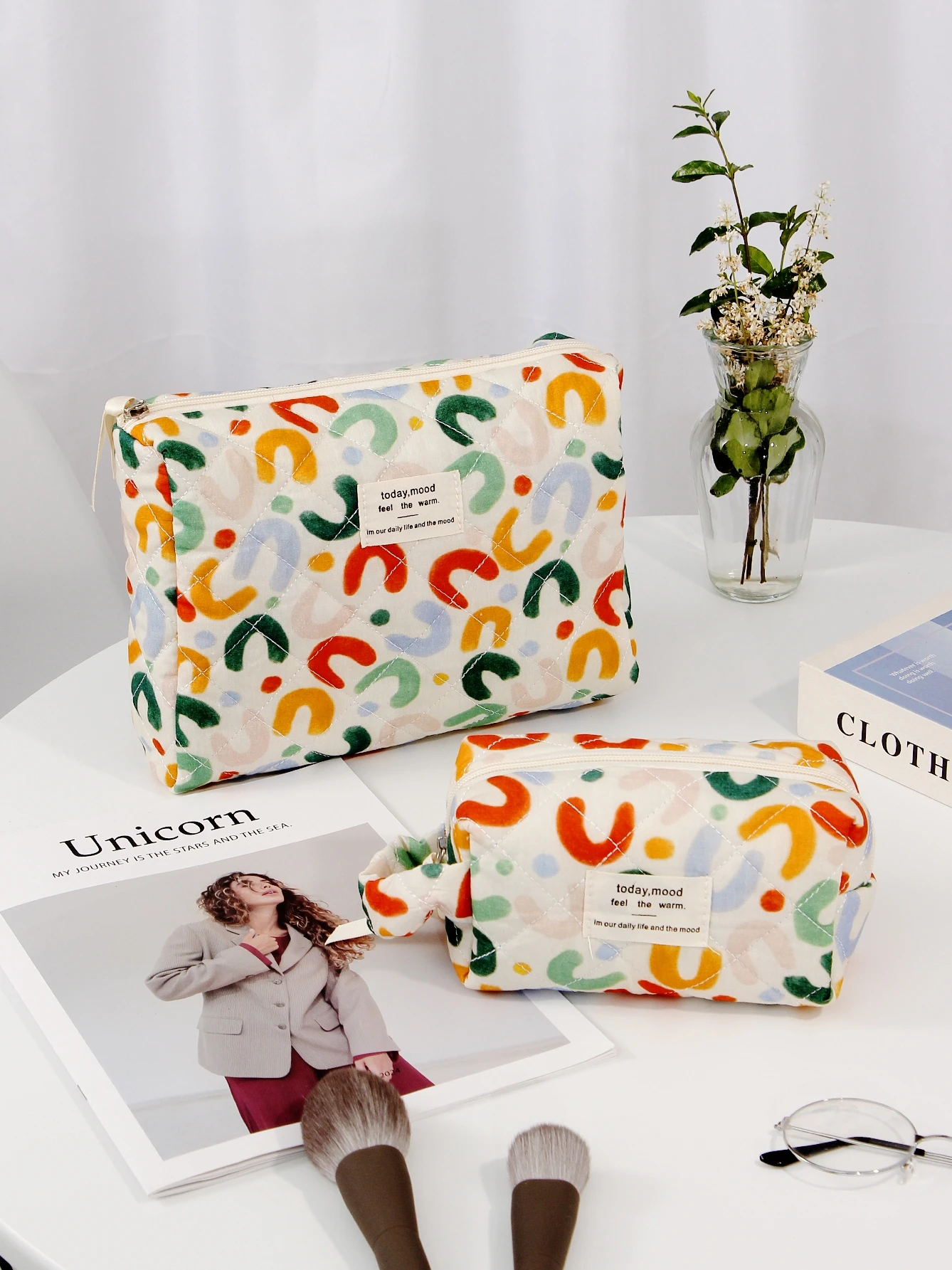 Cute Quilted Cotton Makeup Bag Women Zipper Cosmetic Organizer Female Cloth Handbag Box Shape Portable Toiletry Case For Girls