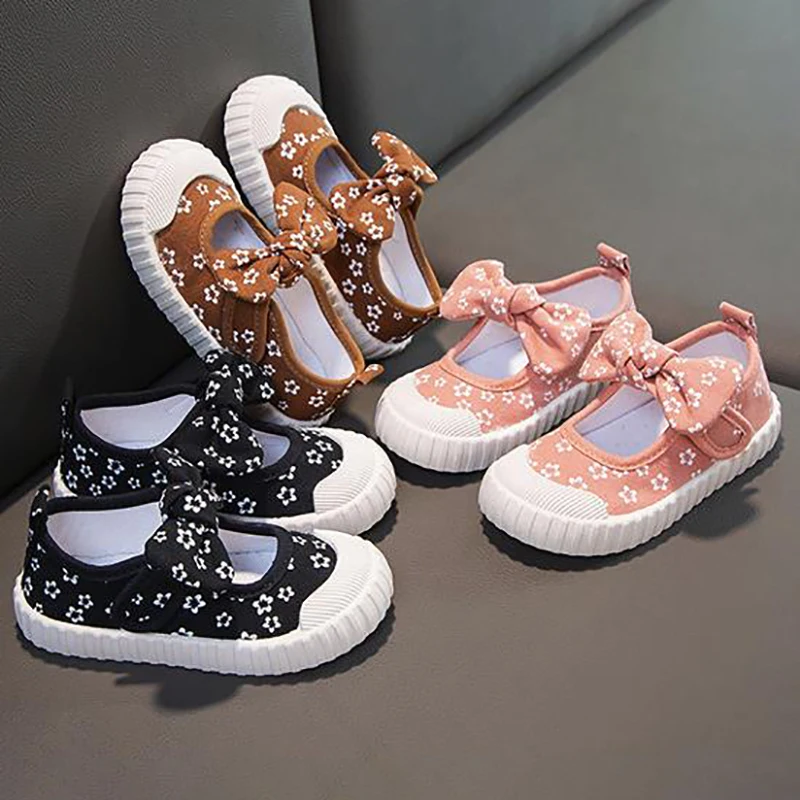 Spring Autumn Child Girls Canvas Shoes Fashion Bowknot Comfortable Kid Casual Rubber Sole Sneakers Toddler Girl Princess Shoes