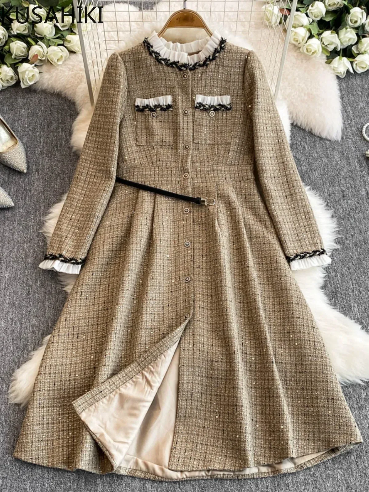 KUSAHIKI Thick Corduroy Korean Style Dress Women Autumn Winter New Fashion Elegant Mid Length Dresses