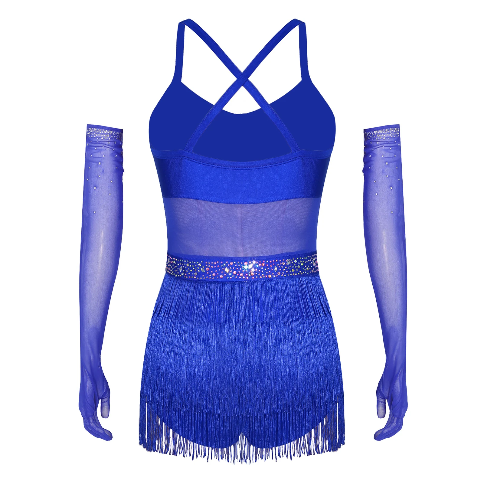 Costume de danse Tango Chacha pour femmes, robe justaucorps Latin à franges en maille transparente avec gants pour Rumba, spectacle de danse de salle de bal Jazz latine