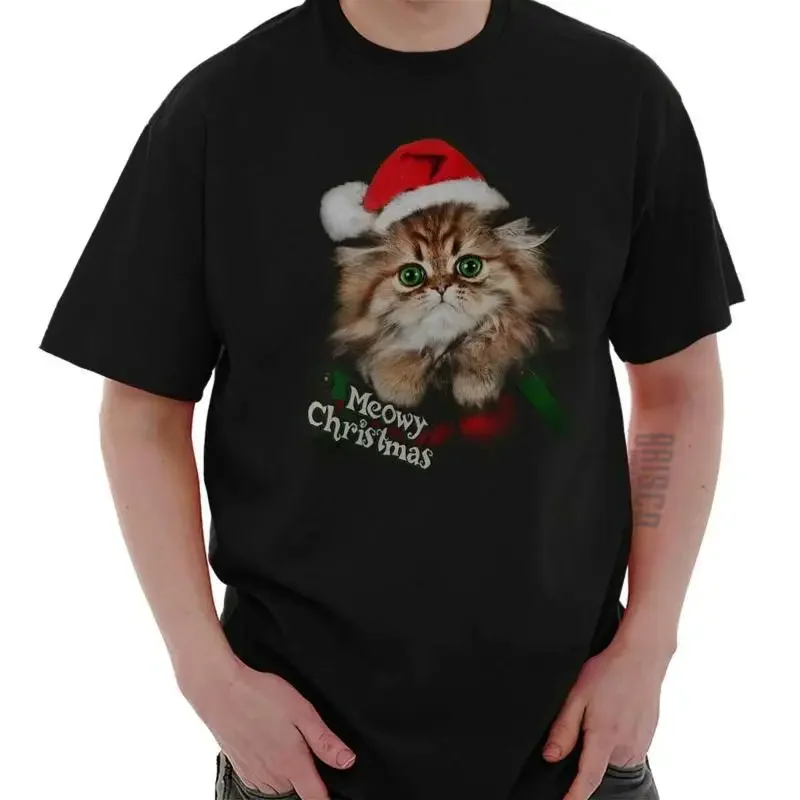 

Meowy Christmas Xmas Holiday Santa Claus Womens Short Sleeve Crewneck Tee