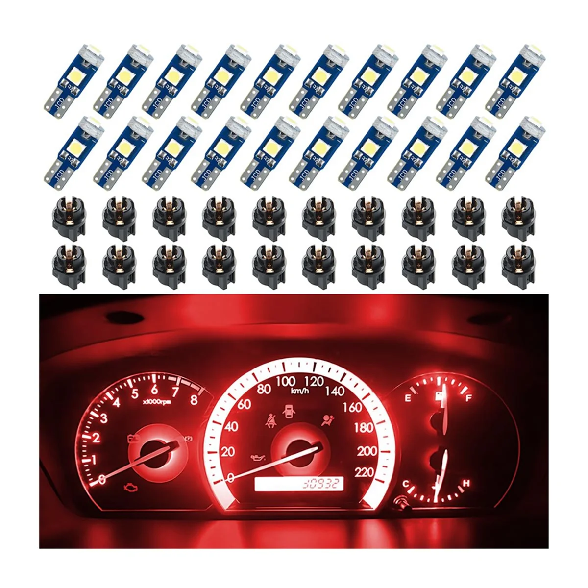 20Pcs T5 LED Lights for Car Dashboard Panel Gauge Indicator, 3030-3SMD Light Replacement with Twist Lock Socket - Red