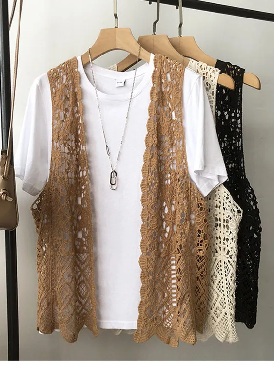 Pure Cotton Knitted Vintage Style Sleeveless Large Size Hook Flower Open Cardigan Hollow out Vest Loose Fit Fashionable Top