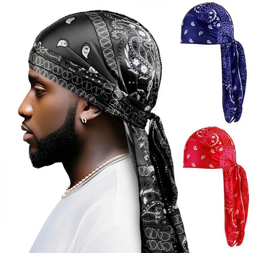Trends Amoeba Print Men's Headscarf Breathable Imitation Silk Long Tail Pirate Cap Lightweight Wave Print Cycling Hat Outdoor