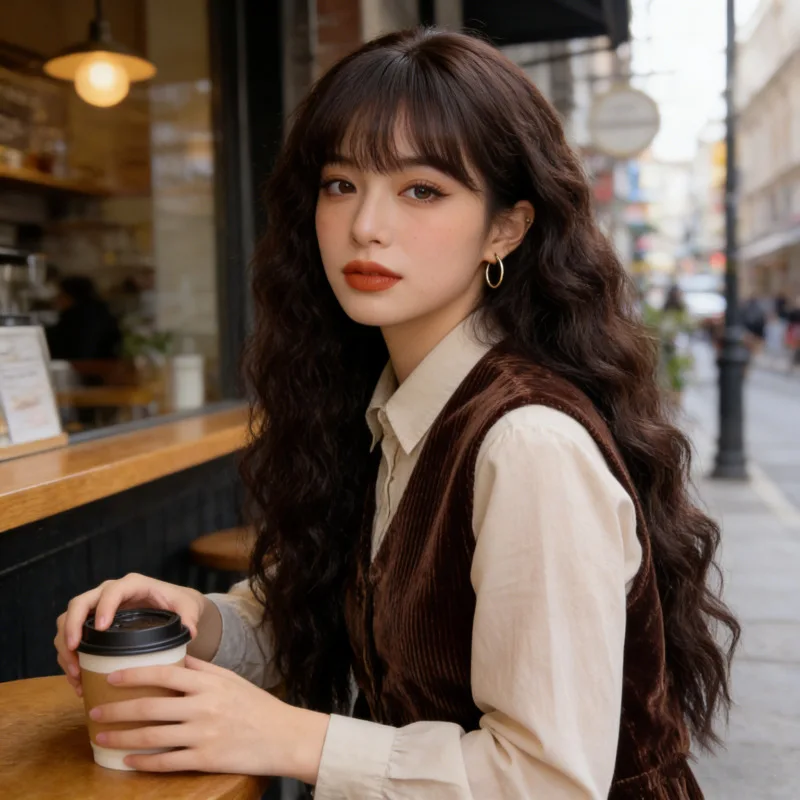 Korean and Japanese style women's wig with air bangs, fluffy corn perm long curly hair, water wave synthetic fiber headpiece