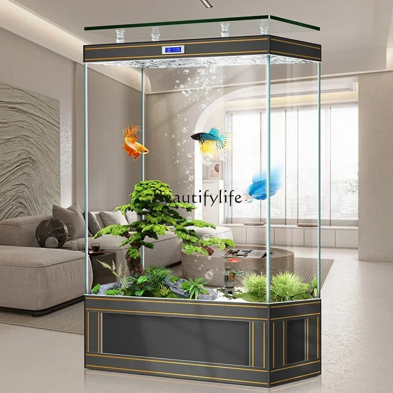 

yj32 Ultra-platinum fish tank living room home 2024 new light luxury large screen partition floor-to-wall aquarium